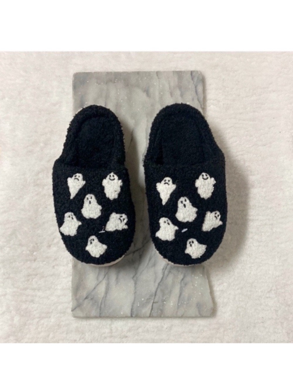 Halloween Ghost Teddy Knit Slippers Size 7-8 Slip On Black White